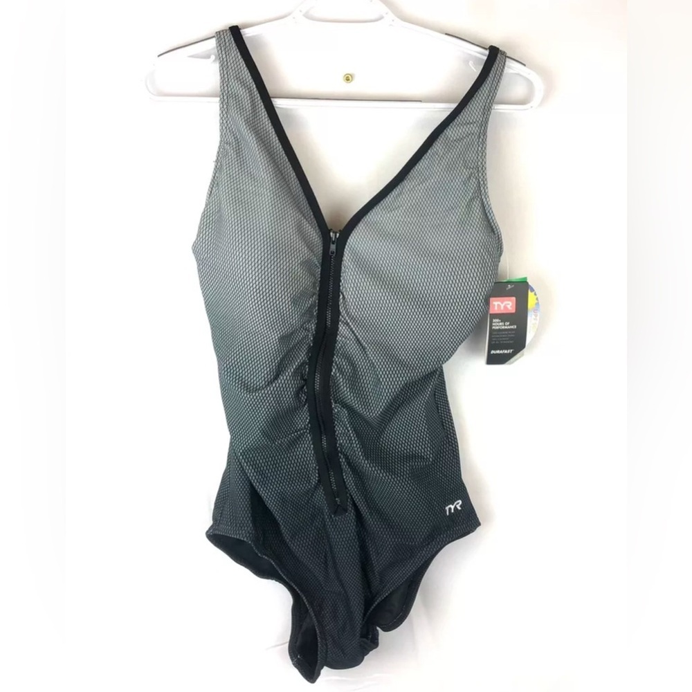 TYR Women’s Grey/Black Zip Front One Piece Swimsuit Size 10